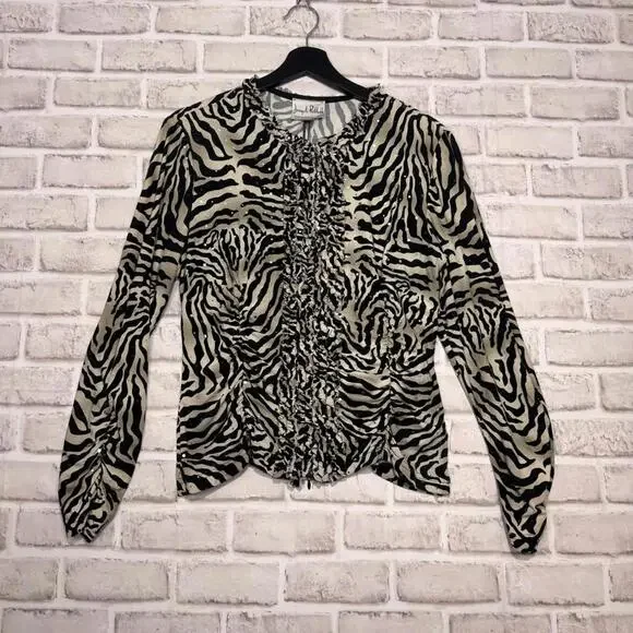 Joseph Ribkoff Zebra Print Full-zip Long Sleeve Jersey Ruffled Shirt Women's 14 - Picture 2 of 7